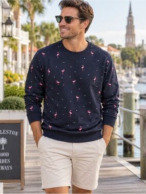 Charleston Threads Flamingo Print Crewneck Sweatshirt Navy Men’s XL